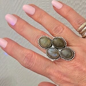 Iridescent Blue Labradorite Oval Cabochon Long Cluster 925 Ring